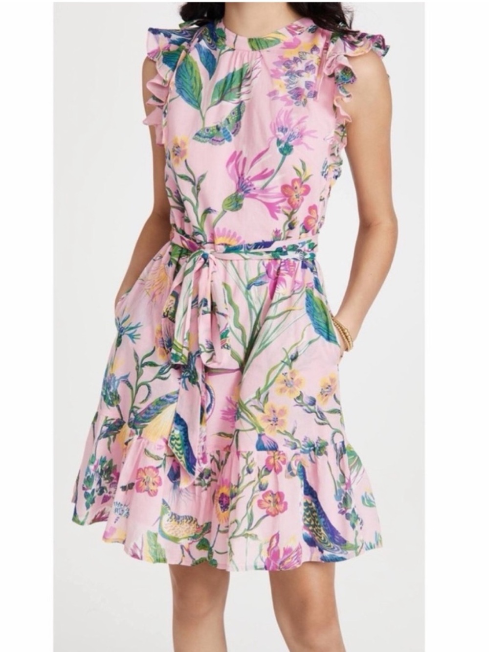 BANJANAN WOMEN'S LILIAN DRESS PINK FLORAL BIRDS BUTTERFLIES RUFFLED DRESS